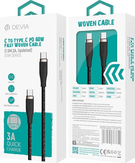 Devia Cablu USB 2.0 USB-C Masculin - USB-C 60W PD Alb 1.5m