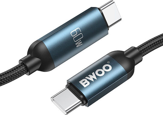 BWOO Плетен LED USB 2.0 Кабел USB-C Мъжки - USB-C 60W Захранване (PD) Черен 1м