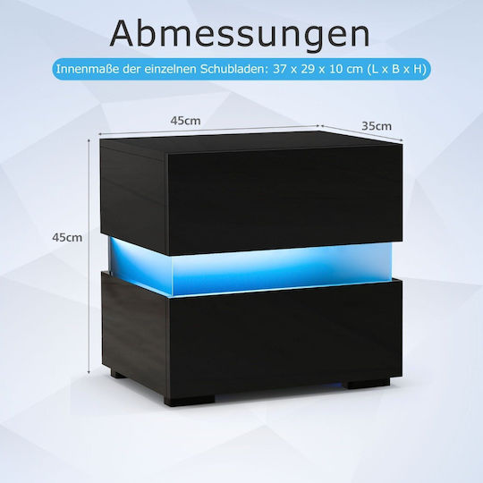Costway Set of 2 LED Bedside Tables High Gloss 2 Drawers Black 40 x 35 x 50 cm Jv10830dk-2