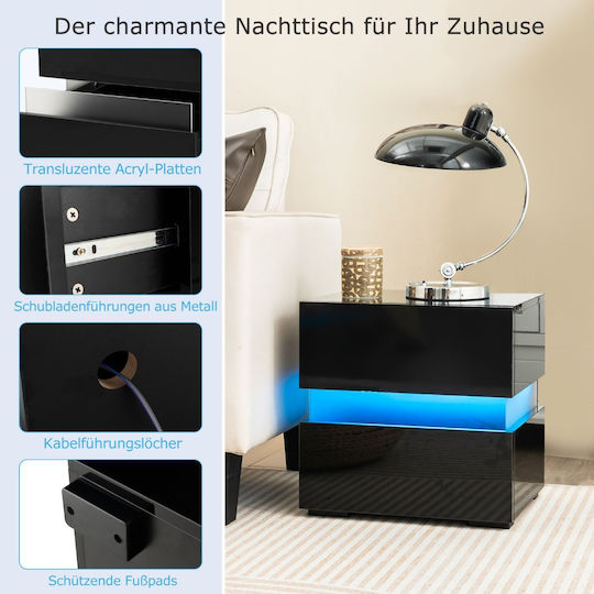 Costway Set of 2 LED Bedside Tables High Gloss 2 Drawers Black 40 x 35 x 50 cm Jv10830dk-2