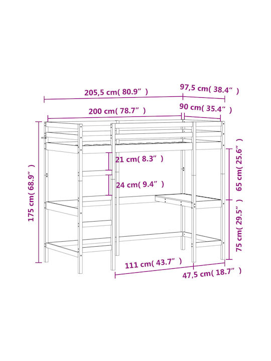 Kids Bed Loft Bed Single with Desk Brown for Mattress 90x200cm