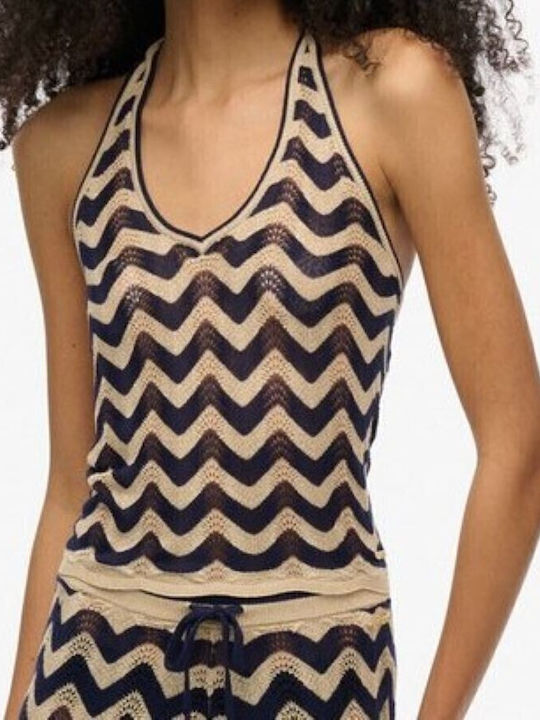 Γυναικείο Crop Top Αμάνικο με Δέσιμο στο Λαιμό Navy Gold Χρυσο