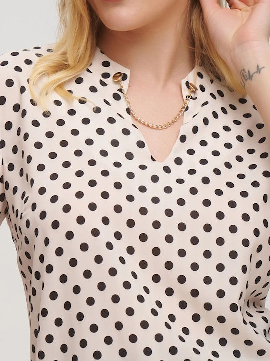 Women's Blouse Satin Short Sleeve with V Neckline Polka Dot White