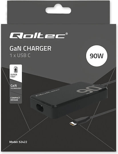 Charger 90W GaN Super Fast Slim PD 5-20V 4.5A USB-C 3.1 Laptop MacBook Smartphone Qoltec