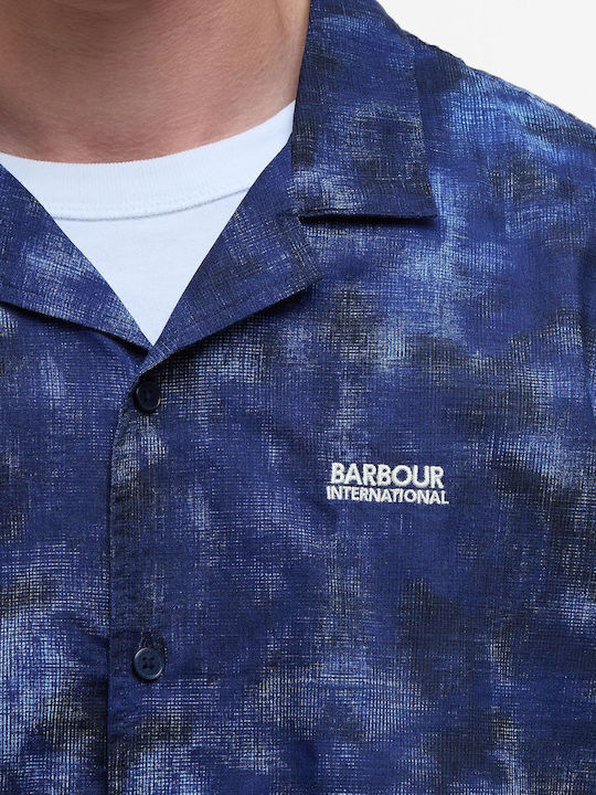 Short-sleeved Cotton Shirt in Wide Line Camo Midnight Blue