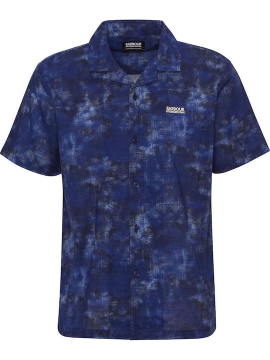 Short-sleeved Cotton Shirt in Wide Line Camo Midnight Blue