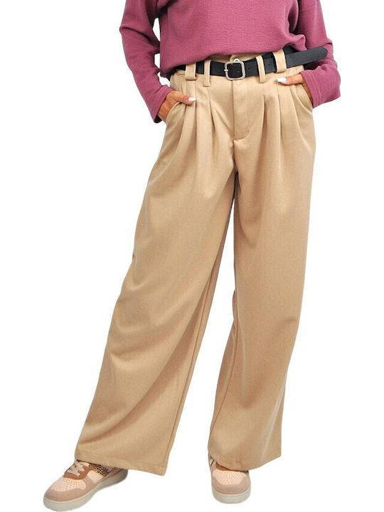 Damen Stoff Hose mit Gummizug in Geradem Schnitt Beige