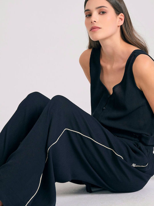 Women's High-waisted Fabric Trousers with Elastic in Loose Fit Black