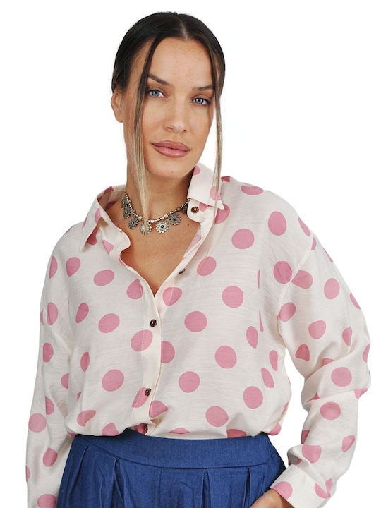 Langärmelig Damen Hemd Pink Polka Dot