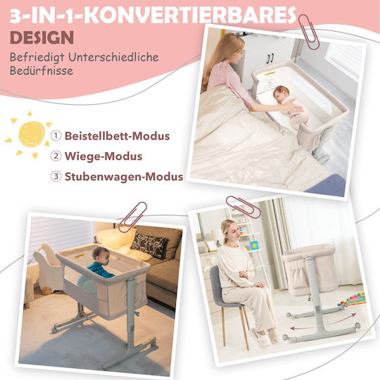Costway Wiege mit Matratze, Seitlicher Öffnung und Rädern Beige