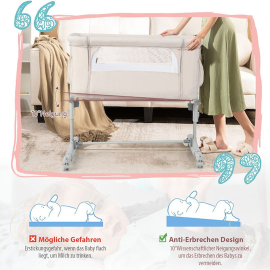 Costway Wiege mit Matratze, Seitlicher Öffnung und Rädern Beige