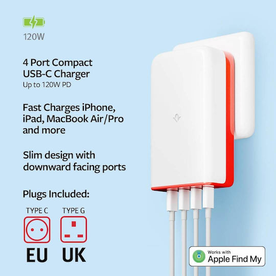 Twelve South Φορτιστής Χωρίς Καλώδιο GaN με 4 Θύρες USB-C 120W Power Delivery Λευκός (PlugBug)