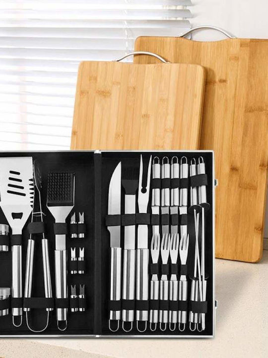 Professional Bbq Utensil Set Siks Accessory Kit 27 Pieces Included Storage Case Stainless Steel Utensils Includes Brush Spatulas Knives Forks Skewers Tongs Silver