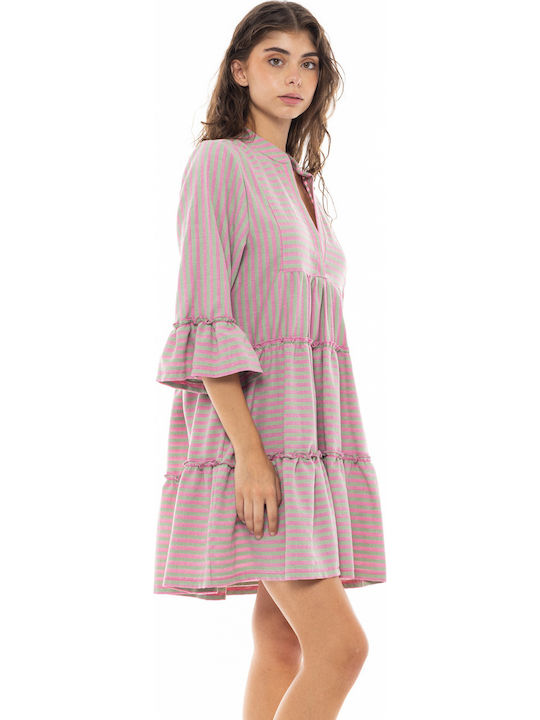 Γυναικείο Beachwear Pink Label Κοντό Καφτάνι Stripe Pink Green 3/4 Μανίκι Cotton