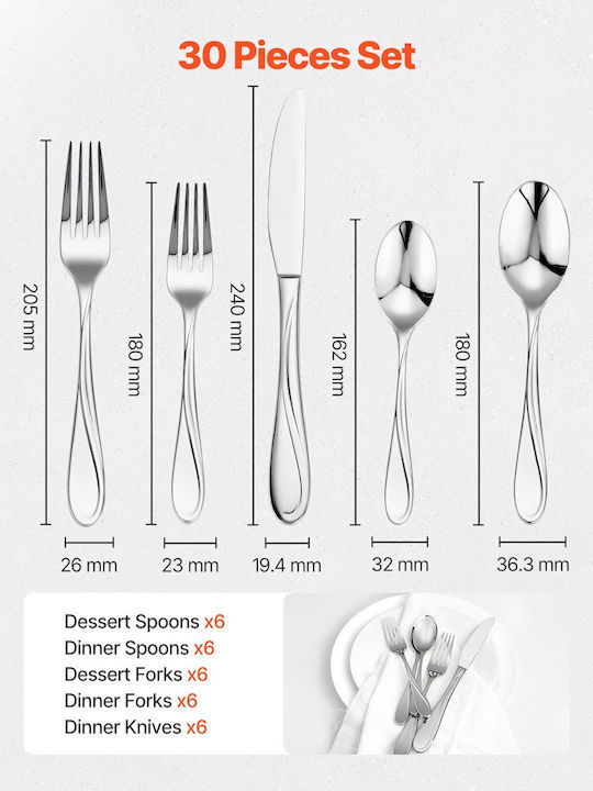 Vevor Cutlery Set Stainless Silver 30pcs