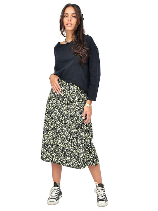 Ψηλόμεση Midi Φούστα Floral Κίτρινη
