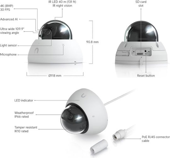 Ubiquiti UVC-AI-Dome-W IP Surveillance Camera 4K Waterproof with Microphone and Lens 2.8mm