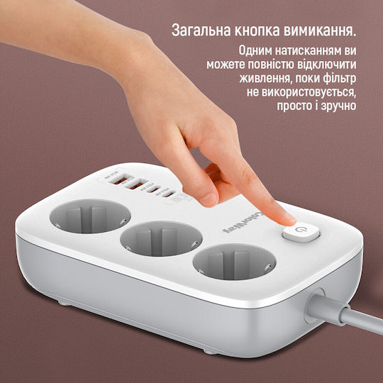 ColorWay Πολύπριζο 3 Θέσεων με 2 USB-A, 2 USB-C και Καλώδιο 2m