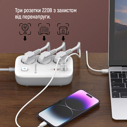 ColorWay Πολύπριζο 3 Θέσεων με 2 USB-A, 2 USB-C και Καλώδιο 2m