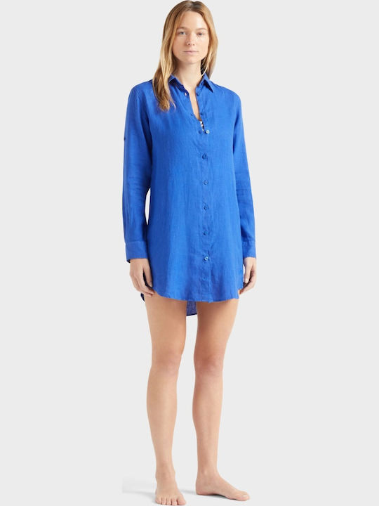 Damen Leinen Hemd Blue Monochrom