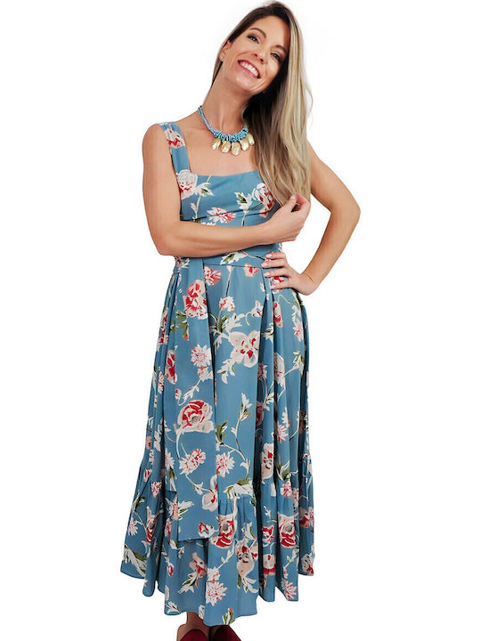 Summer Midi Dress with Ruffles Light Blue