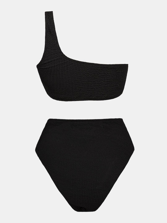 One-Shoulder Crinkle Black Bikini Set