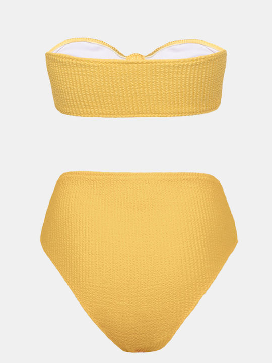Strapless Bikini Set with High-Waisted Pastel Textured Yellow Bottoms