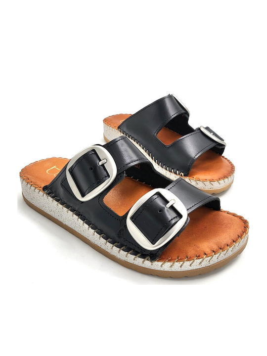 Leather Women's Flat Sandals in Black Color