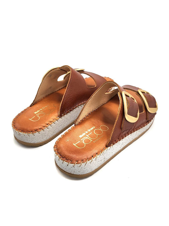 Leather Women's Flat Sandals Tabac Brown