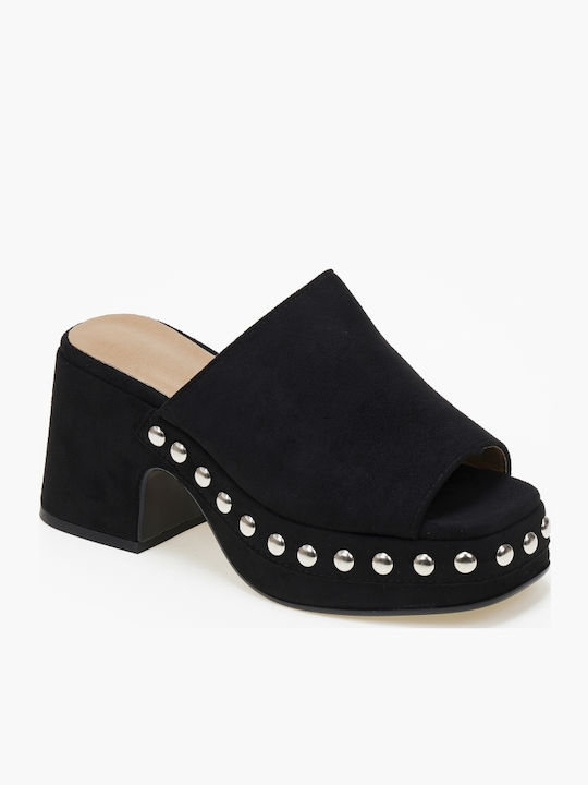 Damen Clogs Mules Wildlederoptik Nieten Schwarz