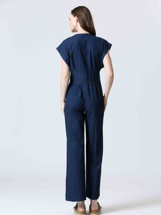 ワンピース HERNO Women Jumpsuits TT000005D 9210 BLUE LCW Vision Collared Neck Women's Denim Jumpsuit -S5BK66Z8