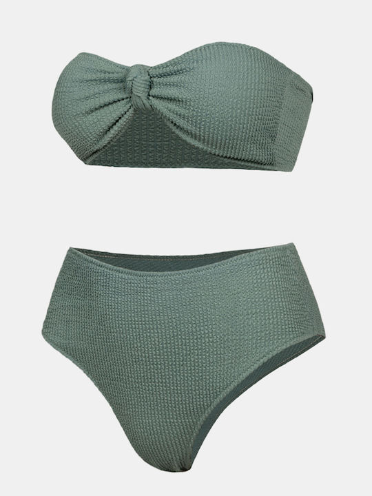 Strapless Bikini Set with High-Waisted Crinkle Teal Bottoms