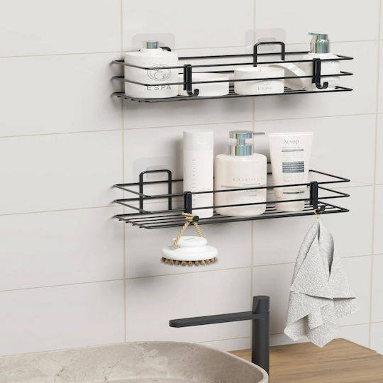 Femmit Wall Mounted Metallic Self-Adhesive Bathroom Shelf Set 2 Shelves 4 Hooks 30x10.5x12.5 Cm Black