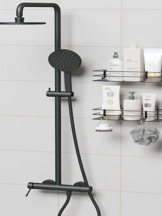 Femmit Wall Mounted Metallic Self-Adhesive Bathroom Shelf Set 2 Shelves 4 Hooks 30x10.5x12.5 Cm Black