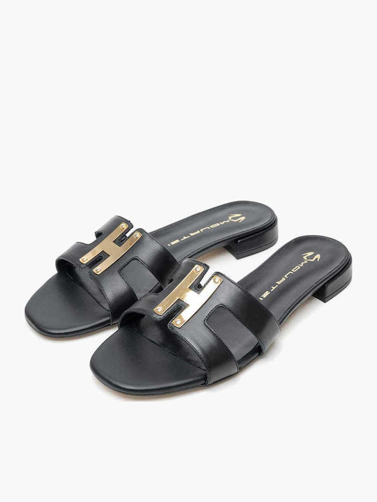 Leather Women's Flat Sandals in Black Color