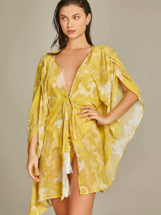 Empress Feminin Scurt Kimono de Plajă Yellow