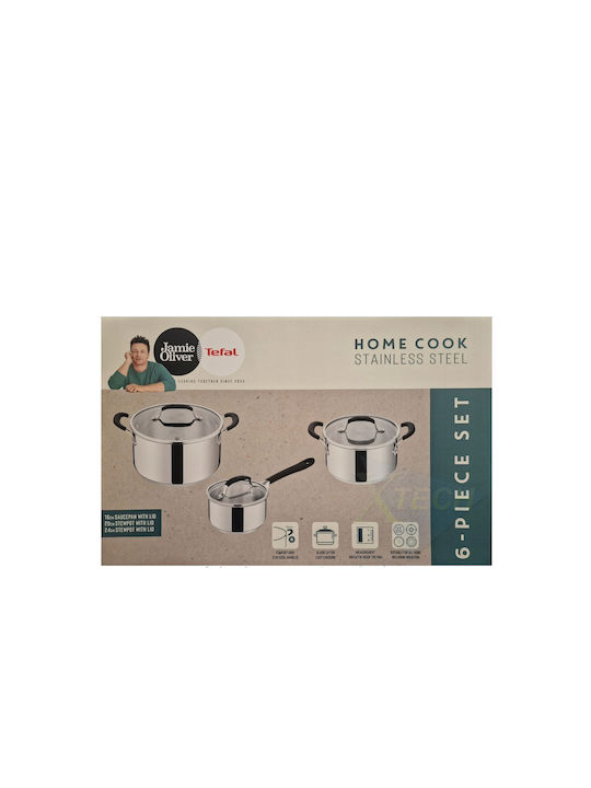 Tefal Jamie Oliver Σετ Κατσαρόλες από Ανοξείδωτο Ατσάλι Silver με Αντικολλητική Επίστρωση 6τμχ