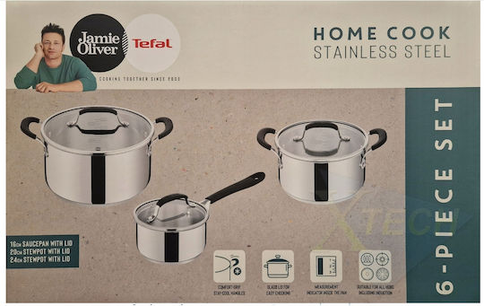 Tefal Jamie Oliver Σετ Κατσαρόλες από Ανοξείδωτο Ατσάλι Silver με Αντικολλητική Επίστρωση 3τμχ