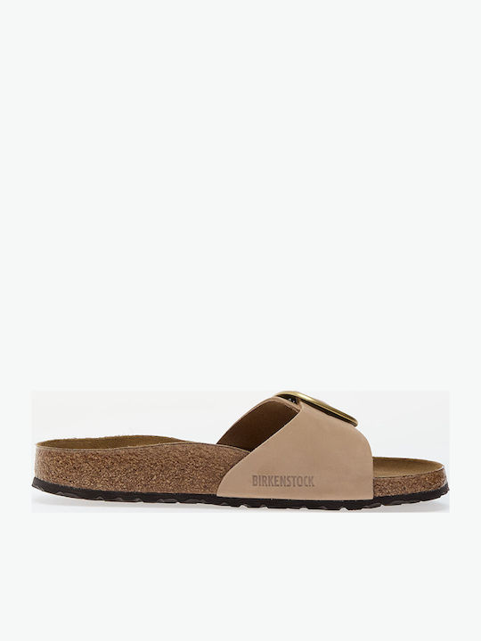 Madrid Big Buckle Leather Women's Flat Sandals in Beige Color Narrow Fit