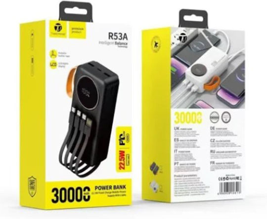 Takemore R53A Power Bank 30000mAh 22.5W με Θύρα USB-A και Θύρα USB-C Μαύρο