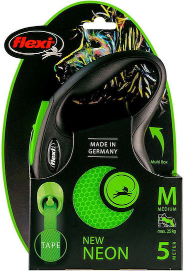 Lesă reglabilă Flexi Neon cu bandă 5m până la 25kg Verde Mediu