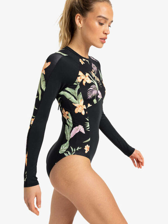 One Piece Swimsuit With Zipper Floral Anthracite