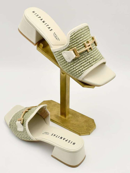 Leather Mules with Chunky Low Heel in Green Color