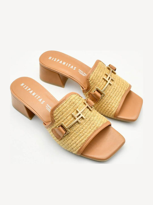 Leather Mules with Chunky Low Heel in Brown Color