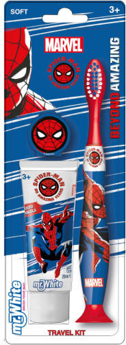 Mr. White Spider Man Travel Kit Children's Toothpaste with Toothbrush for 3+ Years 2 Pieces Strawberry Flavor