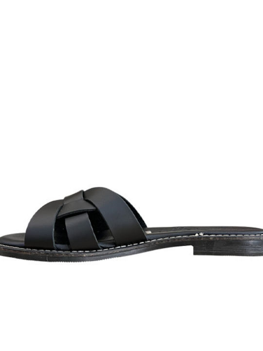 Leather Women's Flat Sandals in Black Color
