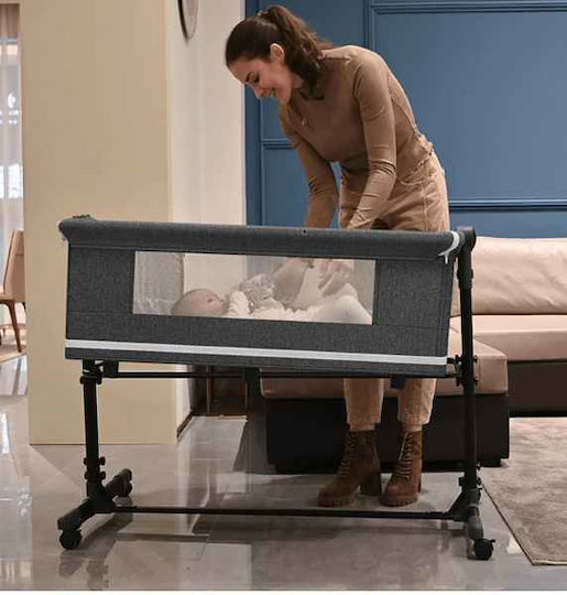 Cradle-Park with Mattress, Side Opening, and Wheels Gray