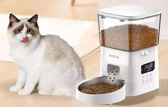 Rojeco RWSQAJO-2L02 Automatisch Edelstahl Futterspender für Hund & Katze auf Basis von 2lt 28.5cm in Weiß Farbe