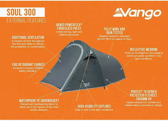Vango Soul 300 Camping Tent Mountaineering Blue with Double Cloth 3 Seasons for 3 People Waterproof 3000mm 285x190x120cm Deep Blue