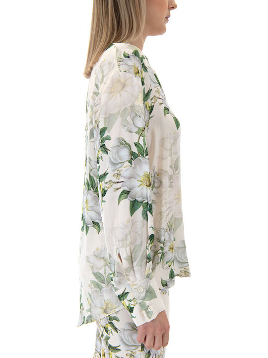 Women's Satin Floral Long Sleeve Shirt Ecru, Beige, Green